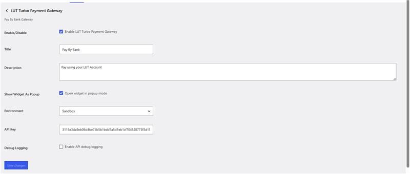 LUT Turbo Payment Gateway configuration screen